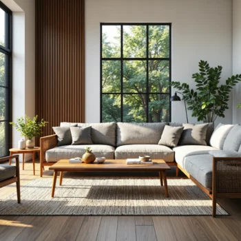 Narożna sofa szara tapicerowana z drewnianą ramą i poduszkami