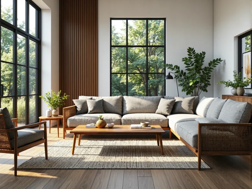 Narożna sofa szara tapicerowana z drewnianą ramą i poduszkami Narożna sofa szara tapicerowana z drewnianą ramą i poduszkami