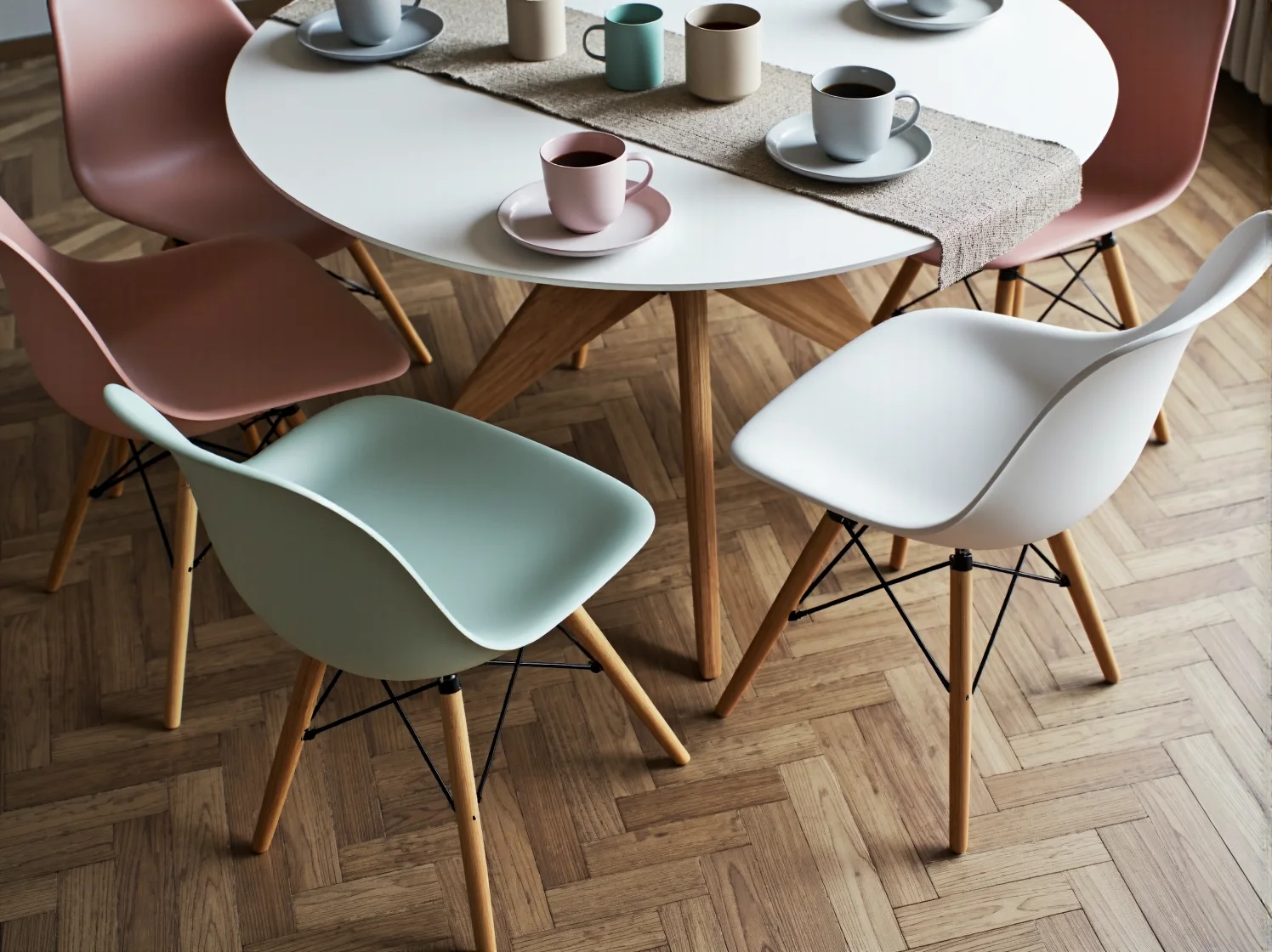 Wygodne białe krzesła kubełkowe przy stole w jadalni