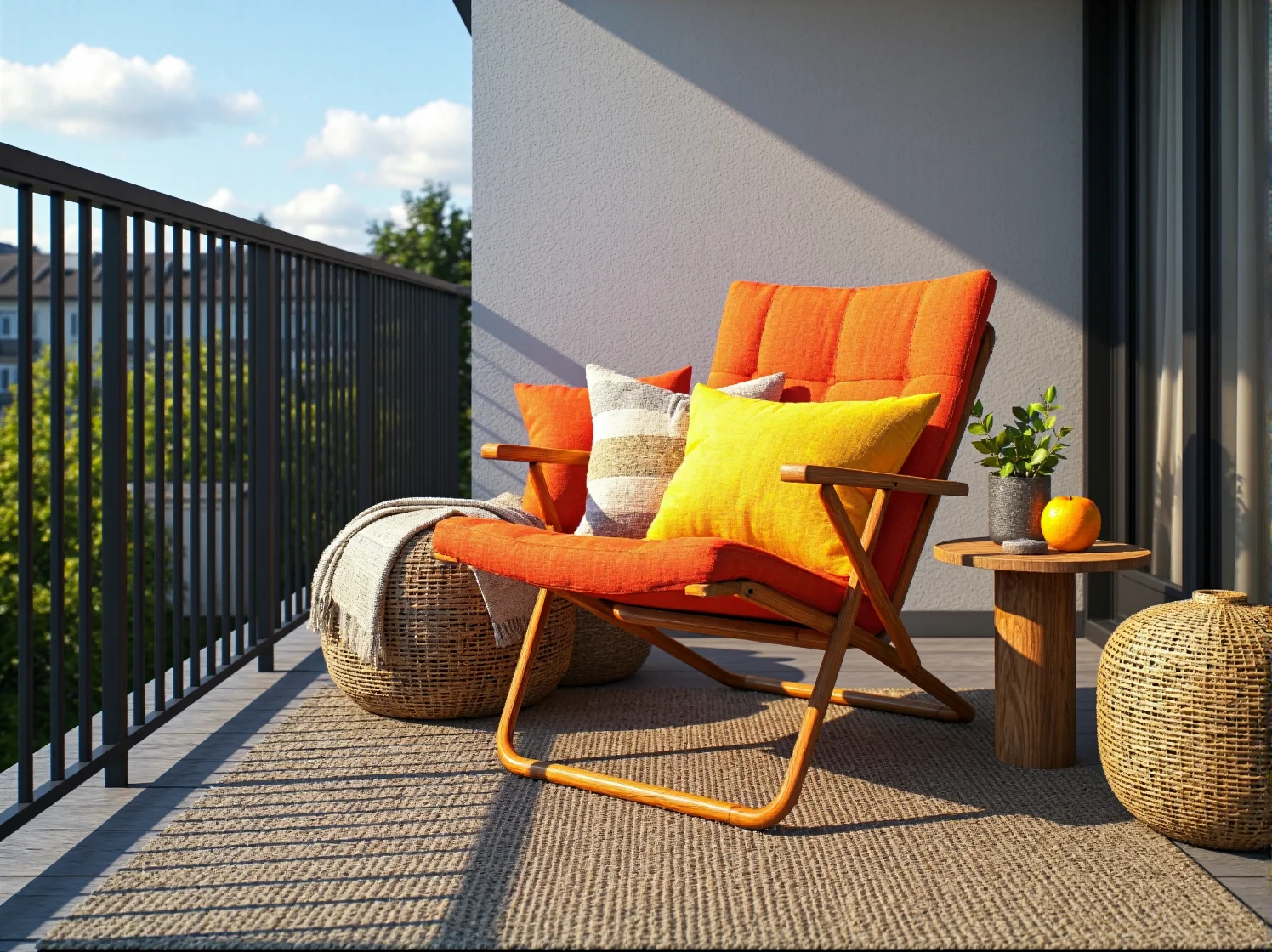 Wygodne krzesło składane z poduszką na przytulnym tarasie