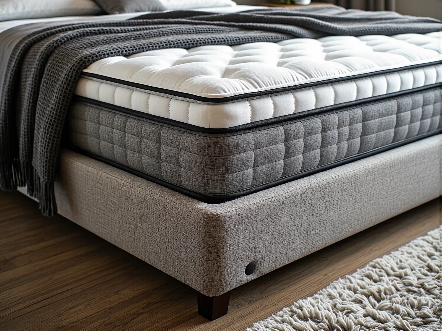 Wygodne łóżko kontynentalne z wysokim materacem zapewniające komfort snu.