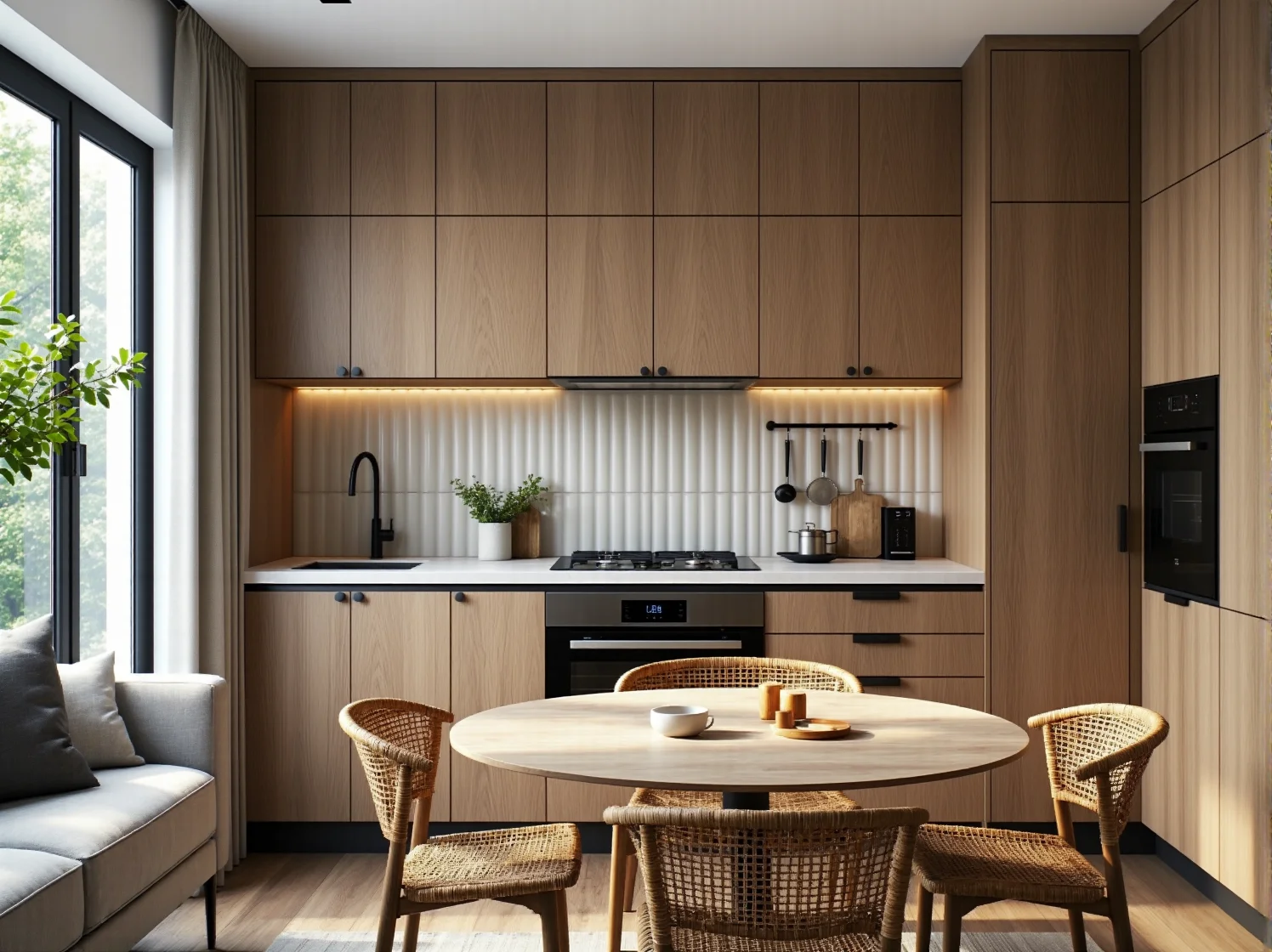 Mała kuchnia w bloku z kompaktowym zestawem mebli. Ergonomiczne rozwiązanie do niewielkiego mieszkania.