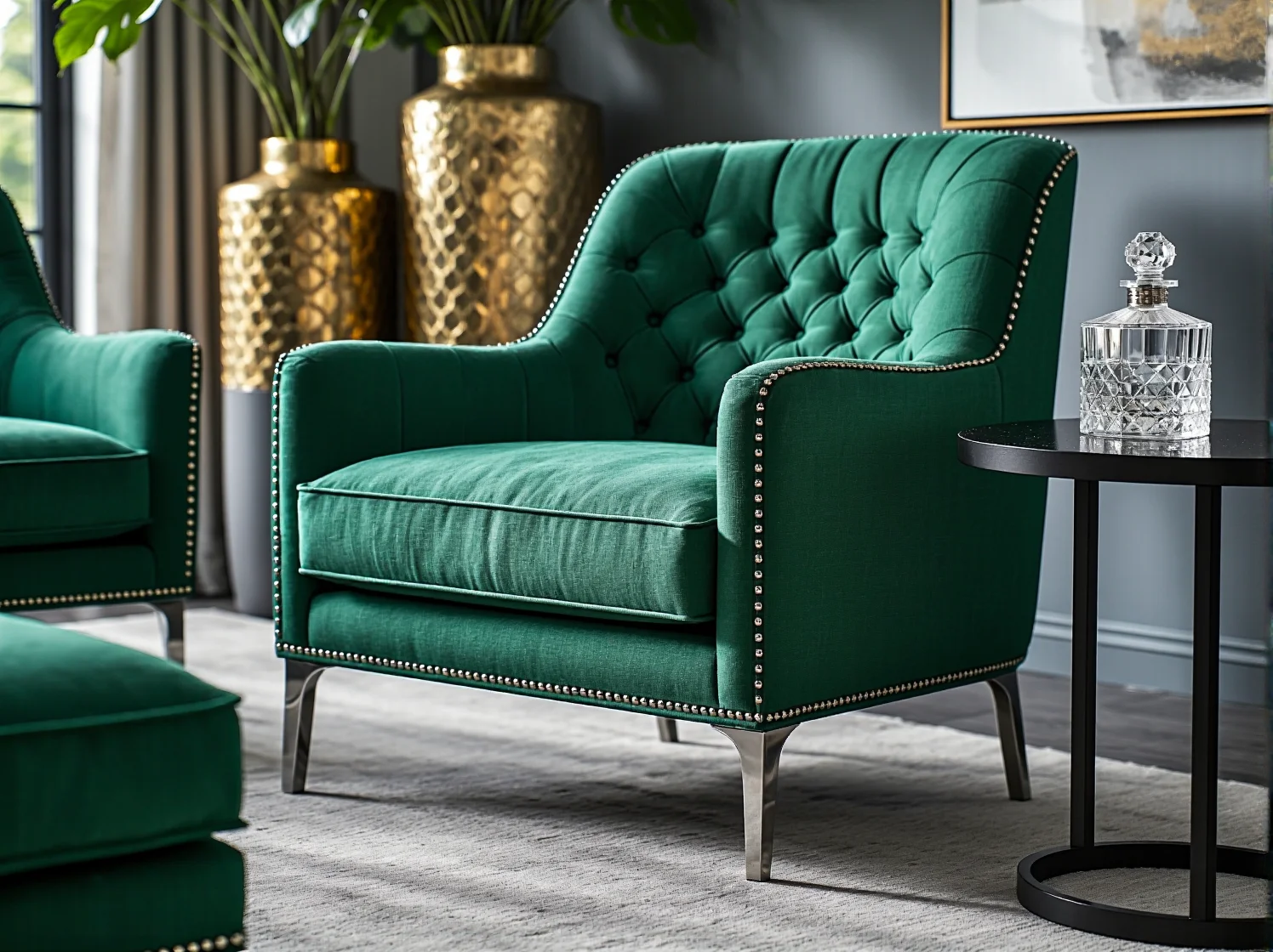 Detale mebli ogrodowych w stylu glamour: złote wykończenia i trwała tkanina.